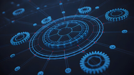 Futuristic blueprint abstract digital gear hubs connect in an intricate network, symbolizing industrial technology with a glowing blue design on a dark field