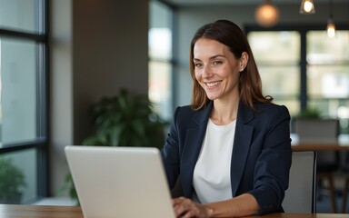 Smiling senior businesswoman wearing elegant formal suit using laptop computer in modern personal office. High quality