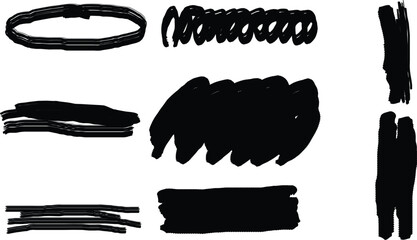 Collection of various black marker scribbles and hand drawn abstract brush stroke elements for design.