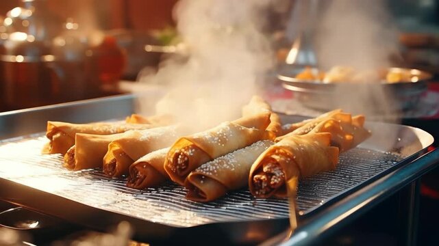 A plate of golden brown spring rolls frying on a grill.