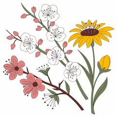 Colorful flowers and buds on stems with green leaves