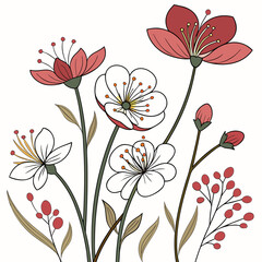 Red and white flowers with green stems and leaves on white background