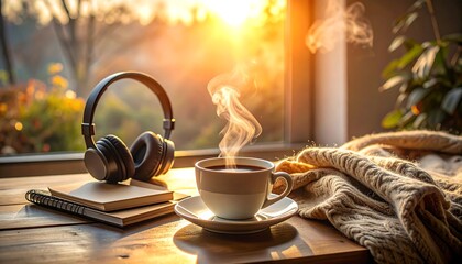 Steaming coffee next to headphones, notebook and soft blanket, bathed in golden sunlight streaming in through the window