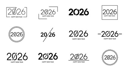 Obraz premium 2026 Happy New Year minimalist logo collection, modern black and white typography set, creative numbers for holiday branding and design.