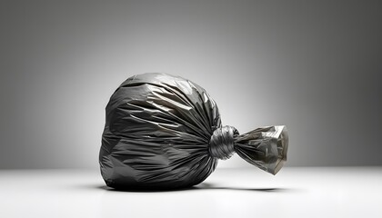 Black garbage bag on white background. Waste disposal and trash collection concept. Studio shot for environmental and recycling themes.