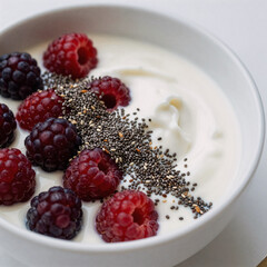 Greek yogurt bowl with berries and chia seeds, representing a nutritious diet option