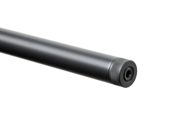 A close-up of a matte black rifle barrel muzzle with a threaded protector on a white back