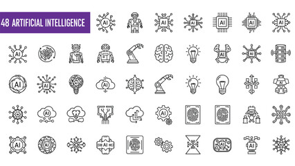 Artificial Intelligence line icon set featuring machine learning robots, neural networks, brain technology, futuristic processor chips, automated robotic arms and digital deep learning symbols.