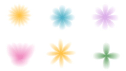 Flower y2k icons with blur gradient vibrant colors. Aura texture floral symbols shapes set. Pink, green and purple gradation summer sign set. Vector simples flowers forms isolated on white background. © Syuzann q