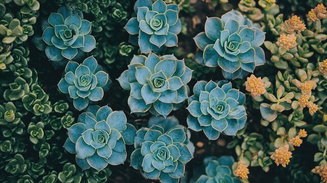 Close-up of blue-green echeveria rosettes and surrounding yellow-orange flowers in dense arrangement
