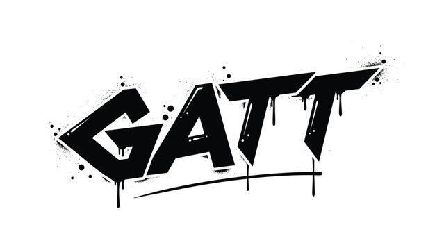 Black and white GATT graffiti tag lettering with spray paint drips and splatter effect isolated on a plain white background