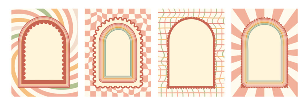 Arch scallop frames on pinwheel banner set. Wavy edges doodle templates. Wave arc borders background. Poster invitation blank with door portal elements and rainbow stripes bg. Vector illustration.