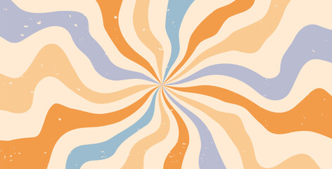 Wrinkled paper with swirl hypnosis colorful starburst background. Retro spiral blue, yellow and orange rays abstract illustration. Vector wavy retro decoration. Sunburst textured 70s pop art design.