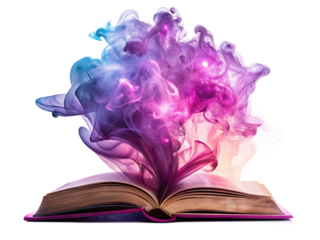 Open book with colorful smoke and light emanating from pages isolated on white background