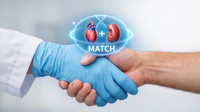 genomic medicine precision healthcare concept. Medical handshake symbolizing organ donation and matching.