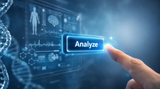 genomic medicine precision healthcare concept. Touchscreen interface displaying health data and DNA structure.