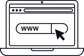 Laptop computer icon with web browser window, internet search bar www text, mouse cursor click, online technology symbol, vector illustration line art design