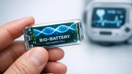genomic medicine precision healthcare concept. A person holds a bio battery displaying DNA energy technology.