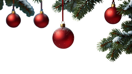 A festive Christmas tree branch of green spruce is adorned with hanging red glass ball ornaments and gold decorations for a winter holiday celebration in December