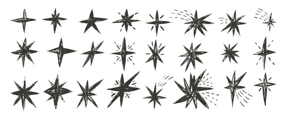 Hand drawn stars icons. Twinkles set black pencil spark. Handmade scribble magic twinkles collection. Kids paint stickers blinks. Christmas simple decoration. Vector asterisk elements isolated. © Syuzann q