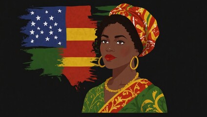 Confident Black woman portrait against Afro‑American heritage flag. Cultural fusion illustration of woman in headwrap beside stylized American&ndash;Pan‑African flag.