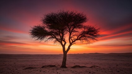 Solitary Acacia tree standing in desert at sunset