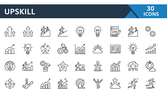 Thirty professional upskill line icons set featuring career growth training personal development success arrows books and lightbulbs for business education