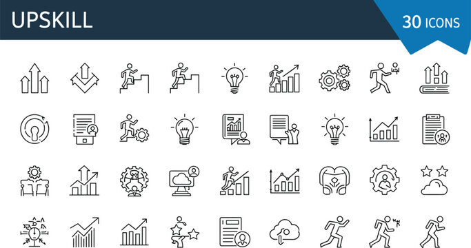 Upskill line icon set featuring professional career growth, self improvement, personal development, leadership training, rising arrows, and business education vector collection.
