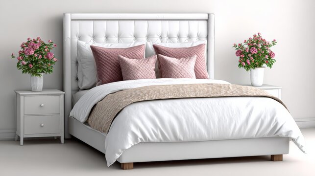 A white bed with a white comforter and pillows, and a white nightstand with a vase of flowers on it