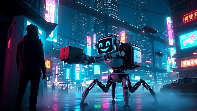 Cyberpunk street scene with quadruped robot and lone pedestrian.