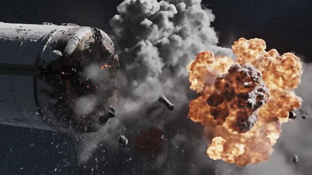 Dramatic explosion of a metallic structure in a dark space with debris and smoke