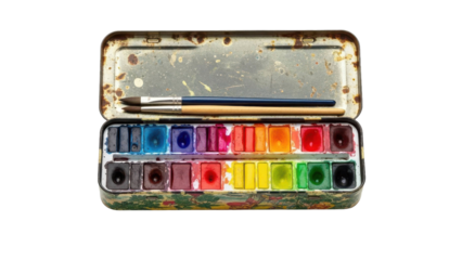 Vintage Watercolor Paint Set with Brushes on Black Background