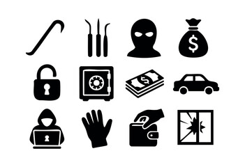A collection of black silhouette icons depicting various elements of crime, theft, security, and illegal activities such as burglary, hacking, and robbery — stock vector.