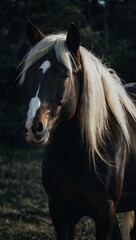 Majestic dark horse with long blond mane in forest light. Elegant brown horse portrait with flaxen mane. Powerful stallion standing in shadows of woodland.