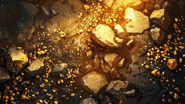 Close-up of gold nuggets and mineral ore with shimmering textured surface.