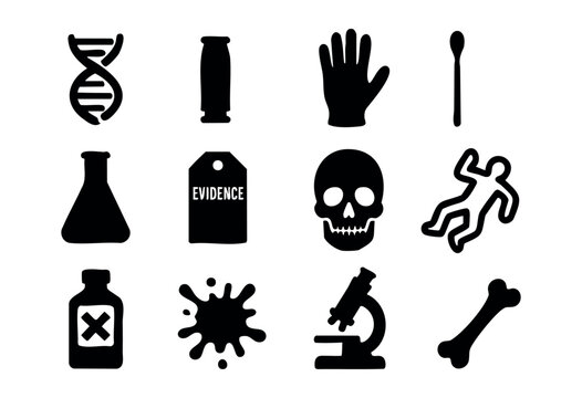 A collection of black silhouette icons representing forensic science, crime scene investigation, and evidence analysis elements &mdash; stock vector.