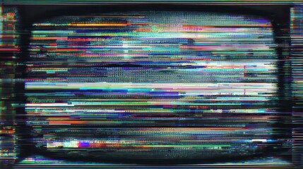 A glitching television screen with horizontal bands of distorted color and noise, evoking static and electronic malfunction