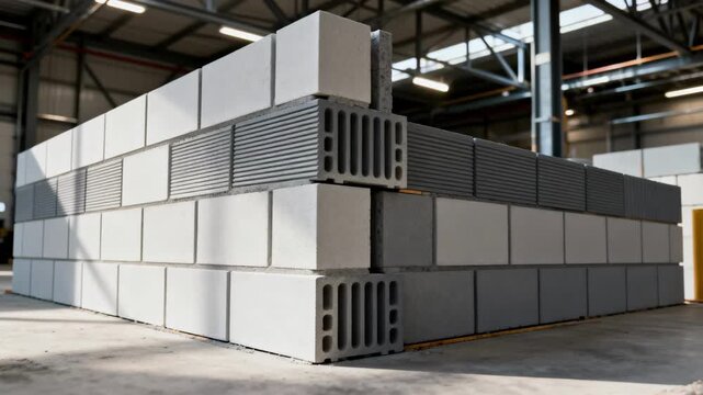 Closeup of 3Dprinted bricks being assembled into a modern wall highlighting the lightweight customizable construction materials in an industrial setting.