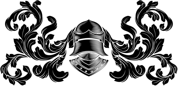 Coat of arms crest knight family medieval shield heraldry heraldic armorial motif. Featuring a knights helm helmet in a vintage etching engraving woodcut style