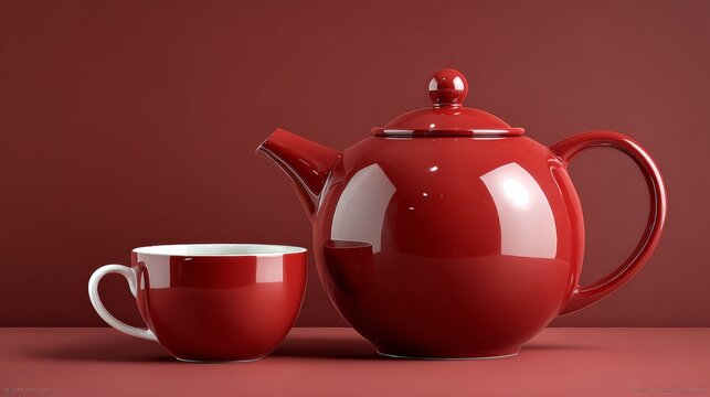 A red tea kettle sits on a table next to a red cup. The scene is simple and elegant, with the red color of the tea kettle and cup creating a warm and inviting atmosphere
