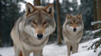 Naklejka premium Two wolves standing in the snow, one of which is looking at the camera. Scene is calm and peaceful, as the wolves seem to be enjoying their time in the snow