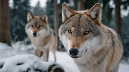 Two wolves standing in the snow, one of which is looking at the camera. Scene is calm and peaceful, as the wolves seem to be enjoying their time in the snow