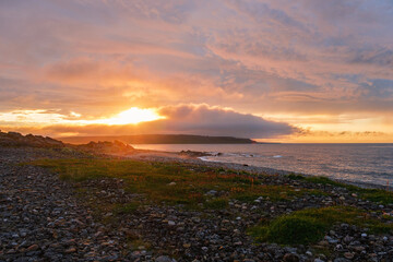 Russia, Murmansk region, Rybachy Peninsula. Sunset on the Barents Sea coast. August 2025