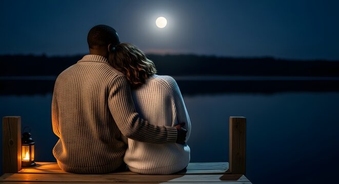 A diverse couple embracing and watching the full moon over a peaceful lake at night, symbolizing romantic love and togetherness concept with warm lantern light. - Powered by Adobe