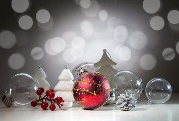Christmas card with Christmas decorations and transparent balls. With space for text