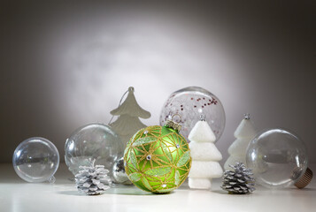 Christmas card with Christmas decorations and transparent balls. With space for text