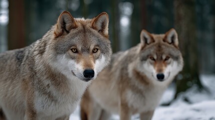 Fototapeta premium Two wolves are standing in the snow, one looking at the camera. The scene is peaceful and serene, with the snow covering the ground and the trees in the background