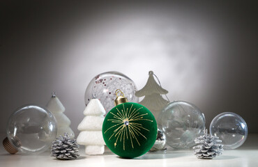 Christmas card with Christmas decorations and transparent balls. With space for text