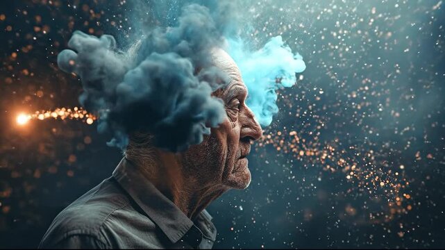 Elderly man with explosive cloud of smoke and sparks symbolizing imagination and inner thoughts.