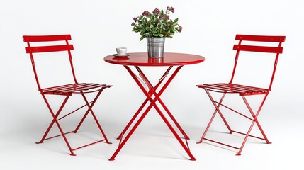 A red table with two chairs and a potted plant in front of it. The potted plant is placed in the center of the table, adding a touch of greenery to the scene
